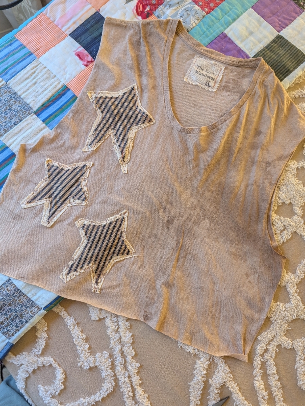 Distressed tee shirt  w fabric stars, tea dyed & distressed, cropped style